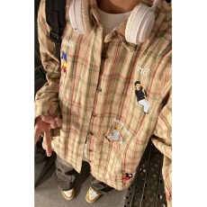 批发美式复古长袖格子衬衫外套女男秋<b class='q'>冬</b>加厚宽松刺绣衬衣夹克