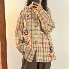 批发美式复古长袖格子衬衫外套女男秋<b class='q'>冬</b>加厚宽松刺绣衬衣夹克