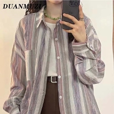 批发【实价】条纹港风长袖衬衫外套秋<b class='q'>冬</b>季设计感小众衬衣复古上衣