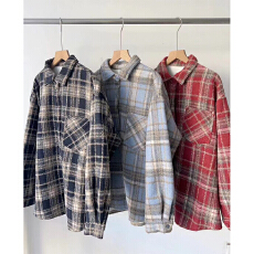 批发美式复古慵懒酒红色磨毛格子衬衫外套女秋<b class='q'>冬</b>款宽松百搭衬衣