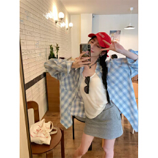 批发 【实价】慵懒风复古长袖灰色格子衬衫设计感宽松polo领上衣