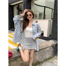 批发【实价】甜酷风撞色格子<b class='q'>衬衫</b><b class='q'>女长袖</b>百搭休闲小众防晒盐系外套