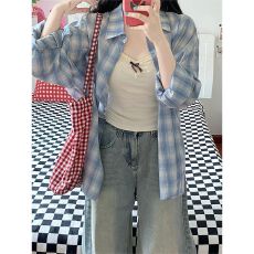 批发【实价】韩式复古长袖格子<b class='q'>衬衫</b>女春季设计感宽松小众翻领<b class='q'>衬衣</b>