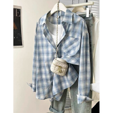 批发【实价】蓝色格子<b class='q'>衬衫</b>女2026春季韩版宽松慵懒风长袖<b class='q'>衬衣</b>开衫