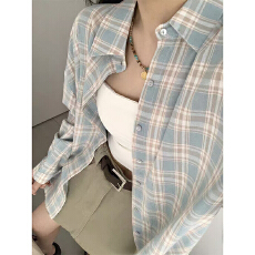 批发实价蓝白格子翻领长袖衬衫女<b class='q'>中长款</b>小众休闲盐系防晒上衣