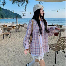 批发【实价】多巴胺<b class='q'>甜美</b>粉色格子衬衫女春防晒衬衣宽松长袖上衣