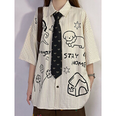 批发实价，有领带春夏<b class='q'>男</b>女休闲趣味涂鸦卡通<b class='q'>短袖</b><b class='q'>衬衫</b>宽松上衣