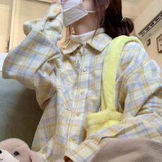 批发【实价】美式复古黄色格子<b class='q'>衬衫</b>女外套春宽松长袖慵懒风<b class='q'>衬衣</b>