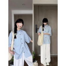 批发实价 POLO条纹短袖衬衫女新日系夏季宽松百搭休闲衬衣上衣