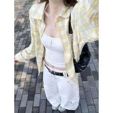 批发【实价】美式复古黄色<b class='q'>格子</b><b class='q'>衬衫</b>春夏宽松长袖慵懒风<b class='q'>衬衣</b>上衣