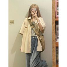 批发 新款夏季港风复古简约绣标短袖衬衫女街头潮牌宽松百搭衬衣