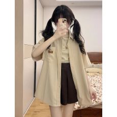 批发 新款夏季港风复古简约绣标短袖衬衫女街头潮牌宽松百搭衬衣