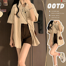 批发 新款夏季港风复古简约绣标短袖衬衫女街头潮牌宽松百搭衬衣