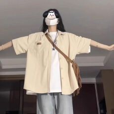 批发港风复古简约绣标短袖衬衫女新款夏季街头潮牌宽松百搭衬衣