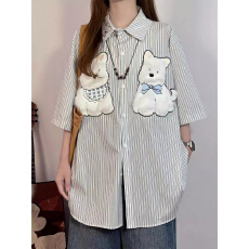 批发实价美式复古趣味毛绒小狗格子短袖衬衫女夏宽松百搭衬衣