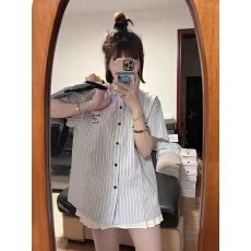 批发实价刺绣条纹短袖衬衫女新款学院风设计感小众高级感衬衣
