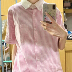 批发实价高级感拼接粉条纹日系复古短袖衬衫学院风小个子衬衣