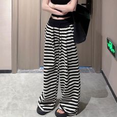 批发【实价】黑白条纹<b class='q'>运动</b>阔腿裤<b class='q'>女</b>显瘦休闲夏高腰宽松慵懒直筒裤