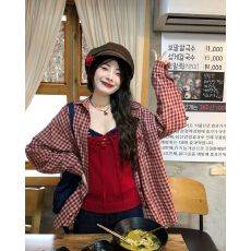 批发【纯棉原版面料，实价】红色格子刺绣设计感长袖百搭衬衣