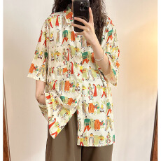 批发【实价】夏季新款美式复古慵懒风满印趣味花<b class='q'>短袖</b>衬衫上衣女潮