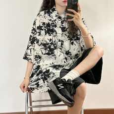 批发【实价】夏季新款美式复古潮牌高级感满印花<b class='q'>短袖</b>衬衫上衣男女