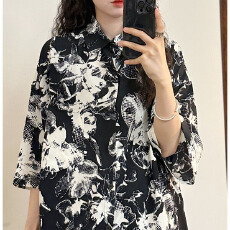 批发【实价】美式复古潮牌高级感满印花<b class='q'>短袖</b>衬衫夏季新款上衣男女