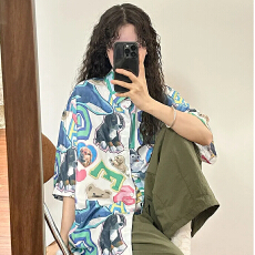 批发【实价】美式复古蓝色满印卡通动物童趣短袖<b class='q'>衬衫</b>女宽松花<b class='q'>衬衣</b>