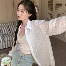 批发夏季韩系宽松粉色条纹防晒<b class='q'>衬衫</b>女慵懒风<b class='q'>衬衣</b>长袖上衣外套