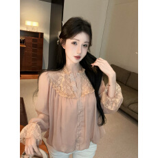 批发实拍实价 <b class='q'>蕾丝</b><b class='q'>娃娃衫</b>荷叶边花边领甜美花苞衬衫法式温柔风雪纺衫