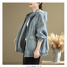 批发实拍大码减龄宽松连帽牛仔衬衣外套