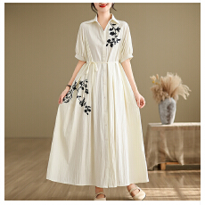 批发实拍复古绣花单排扣宽松长款连衣裙女