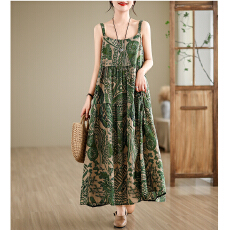 批发实拍宽松大码棉麻连衣长裙印花吊带裙女