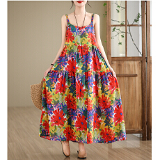 批发实拍宽松大码棉麻连衣<b class='q'>长裙</b>胖mm印花吊带裙女