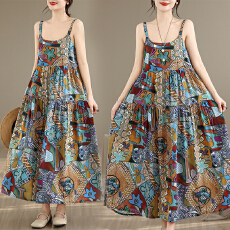 批发实拍碎花<b class='q'>连衣裙</b>棉麻森系吊带<b class='q'>连衣裙</b>大摆裙
