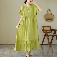 批发实拍 2026新款胖mmV领单排扣宽松显瘦过膝长款<b class='q'>连衣裙</b>
