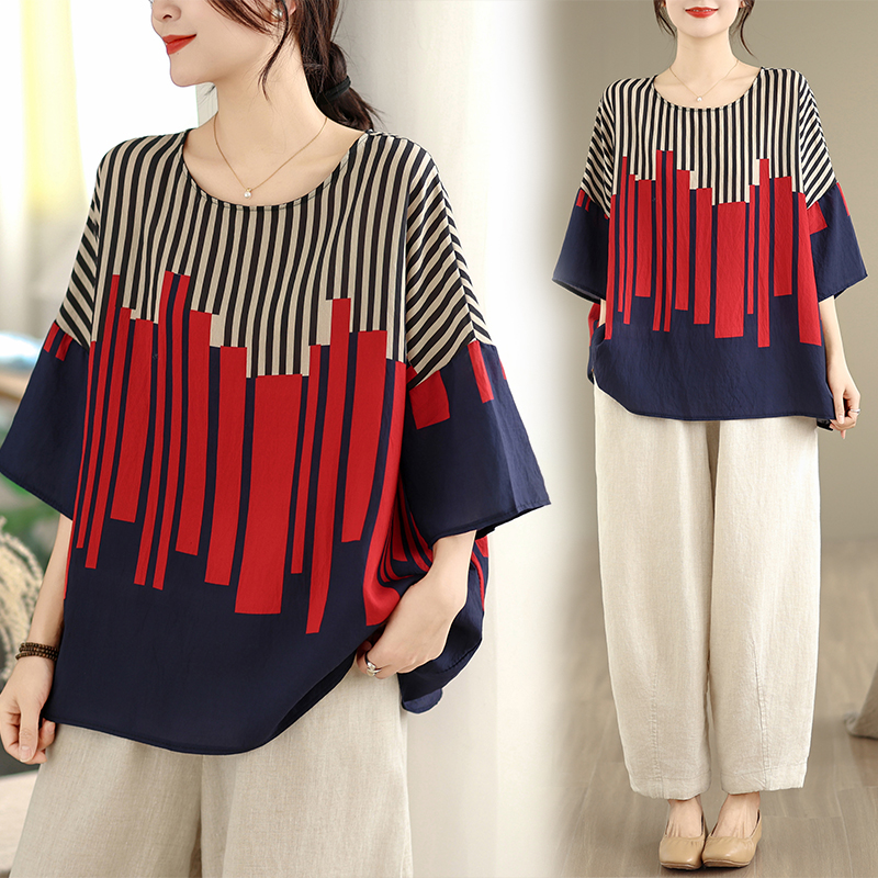RY3725# 实拍2026夏季新品麻棉民族风蝙蝠袖宽松大码圆领T恤女