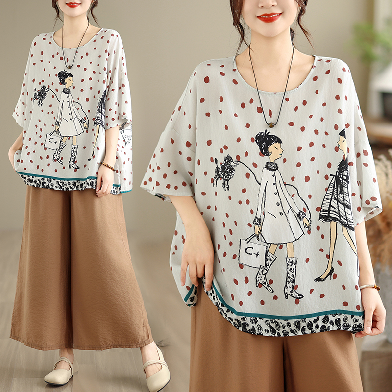 RY3724# 实拍2026夏季新品麻棉民族风蝙蝠袖宽松大码圆领T恤女