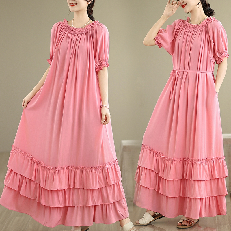 RY3716# 实拍2026新款一字肩宽松系带拼接双层荷叶边休闲连衣裙