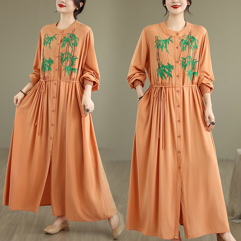 RY3718# 实拍2026胖mm复古绣花单排扣长袖宽松长款连衣裙女