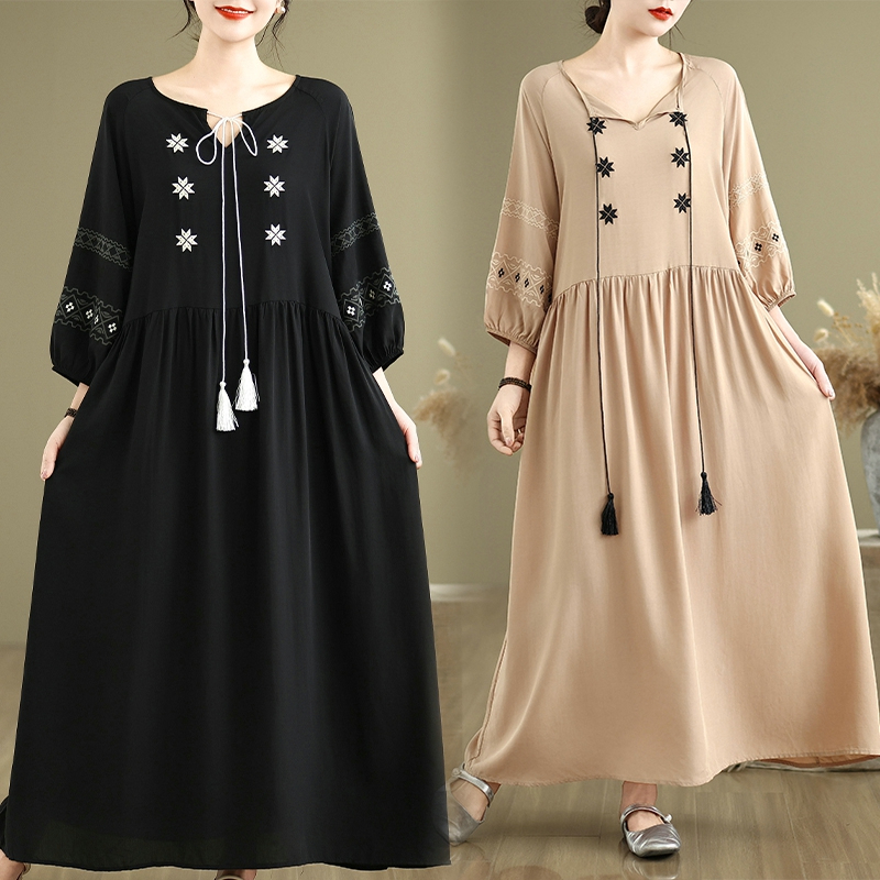 RY3717# 实拍2026气质优雅绣花系带连衣裙大码显瘦中长款连衣裙