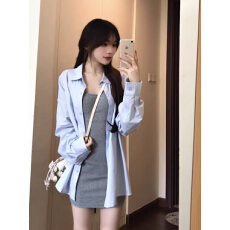 批发韩系穿搭灰色吊带<b class='q'>背心</b>连衣裙包臀裙女夏季休闲显瘦长袖衬衫两件套