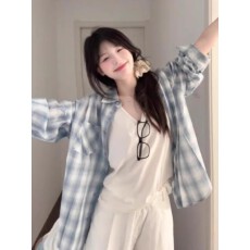 批发韩系松弛感格子衬衫女春夏季新款宽松慵懒风<b class='q'>长袖</b>衬衣外套休闲上衣