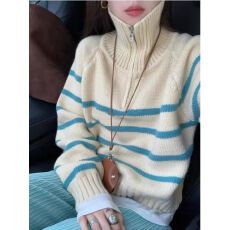 批发条纹翻领半拉链套头毛衣<b class='q'>女</b>秋冬新款韩系慵懒软糯加厚针织衫上衣潮