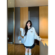 批发原版品质慵懒风撞色<b class='q'>V领</b>条纹<b class='q'>t</b><b class='q'>恤</b>女秋季减龄蝴蝶结宽松上衣