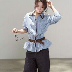 批发韩系独特花边条纹翻领<b class='q'>衬衫</b>裙女秋季高级感chic蓝色收腰开衫<b class='q'>衬衣</b>潮