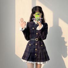 批发法式复古撞色<b class='q'>连衣裙</b>女春装小香风气质格纹单排扣收腰a字短裙子ins
