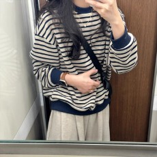 批发藏青色条纹毛衣慵懒高级感宽松休闲内搭针织<b class='q'>打底衫</b>上衣