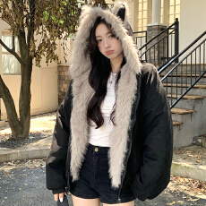批发实拍鹿皮绒派克服短款羽绒棉服仿兔毛大毛领连帽棉衣外套美式复古