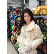 批发甜美温柔波点毛领棉服外套<b class='q'>女</b>秋冬季新款韩系奶呼呼加厚棉衣短款