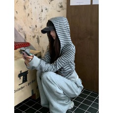 批发薄款 / 加绒款美式复古撞色条纹连帽长袖开衫卫衣女秋冬季上衣